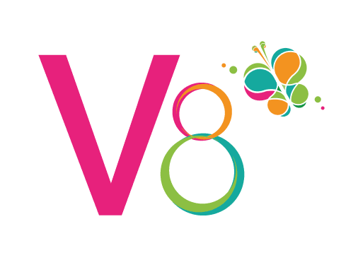 V8 monogram with butterfly mark