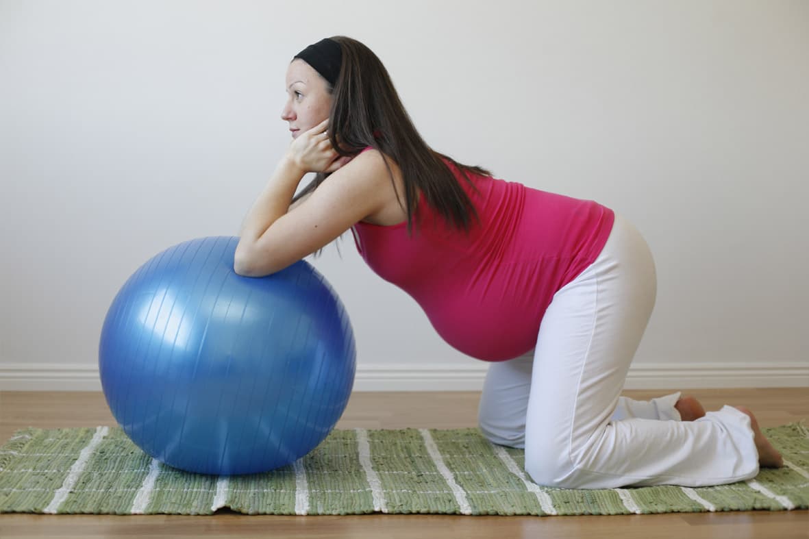 A pregnant guest kneeling forward over a blue Swiss ball — supported pelvic-tilt positioning